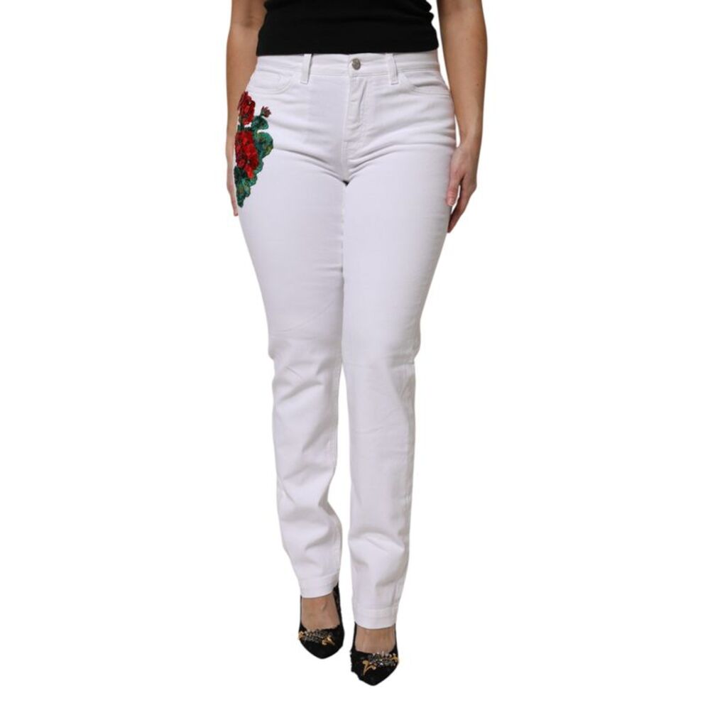 Dolce & Gabbana White GIRLY Floral Embroidery Denim Women's Jeans